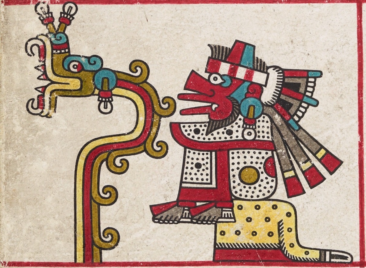 Depiction of the two forms of the god Quetzalcoatl on folio 19 of Codex Laud, a pre-Hispanic Mexican manuscript possibly made in the 15th century. His form as the feathered serpent, celestial deity, is depicted at the left, and his form as the god of the wind Ehecatl is seen at the right, with his characteristic completely black skin, beard and red mask. Bodleian Libraries, University of Oxford