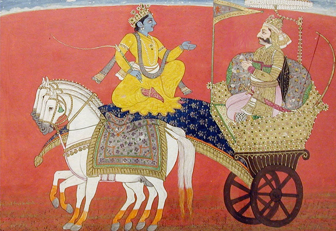 Dialogue between Krishna and Arjuna on the battlefield of Kurukshetra cropped