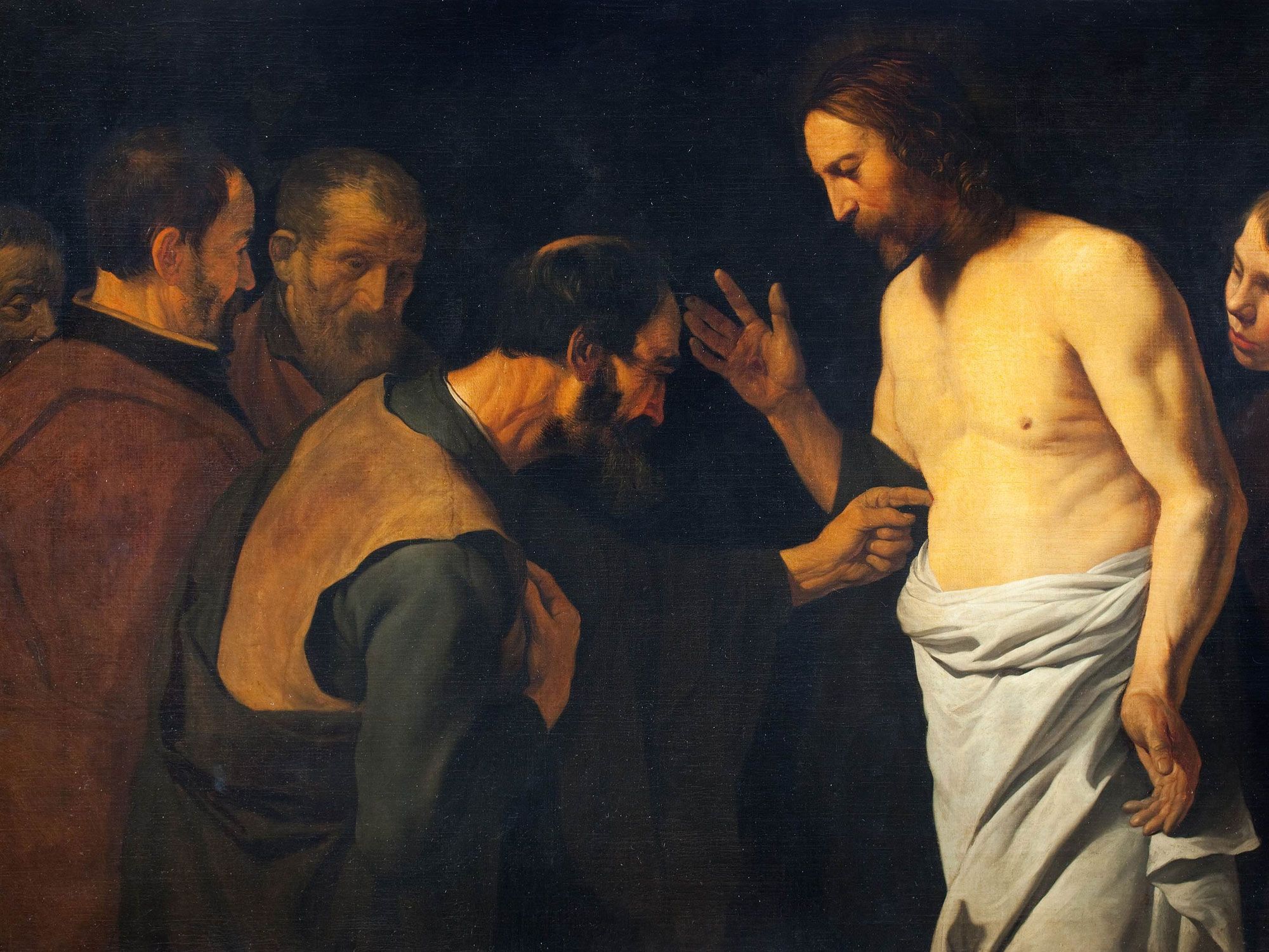 Except I shall see in his hands the print of the nails, and put my finger into the print of the nails, and thrust my hand into his side, I will not believe." -John 20. The Doubting Thomas, painted by Leendert van der Cooghen (1632–1681)